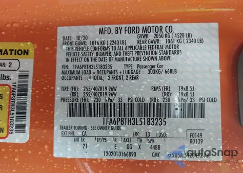 2020 Ford Mustang Ecoboost Fastback z USA, uszkodzony, nr VIN 1FA6P8TH3L5183235